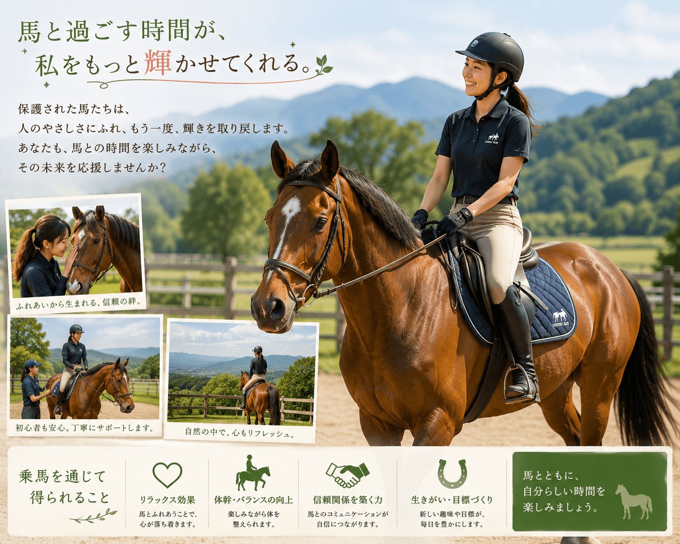 乗馬を楽しむ様子（日本人ライダーと馬）